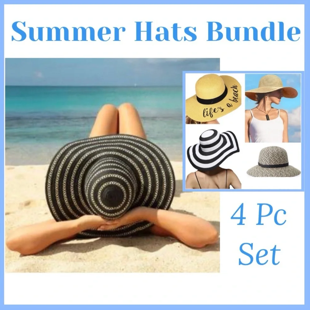 Sun Hats 4 Pc Set Wide Brim Summer Beach Straw Derby Fedora Natural Black Womens